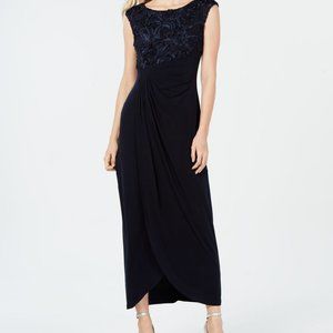 Connected Petite Soutache Faux-Wrap Gown - Navy